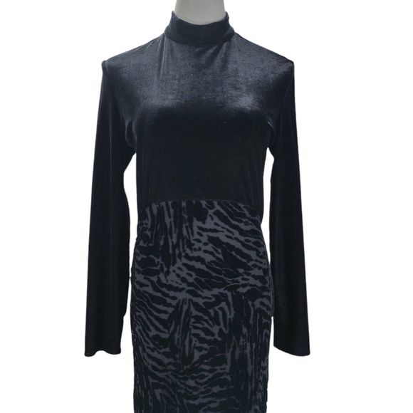 Vintage 90s Black Formal Dress Size 12 Velvet Burnout Animal Print Mock Neck